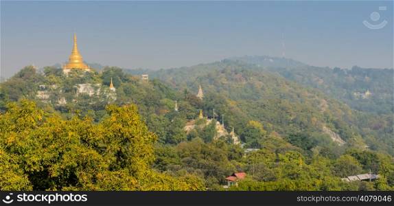 Golden pagodas on sagaing hill, Myanmar