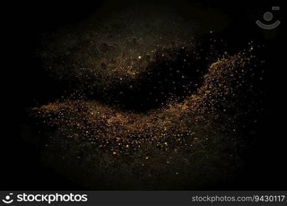 Golden particles and dots on a black grunge background. Space abstract design. Generative AI technology. Golden particles and dots on a black grunge background. Space abstract design. AI generated