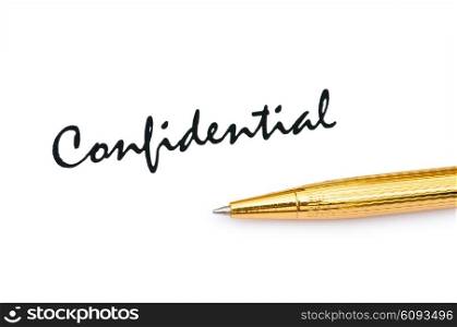 Golden pen and confidential message on white