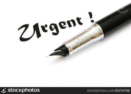 Golden pen and urgent message isolated on white