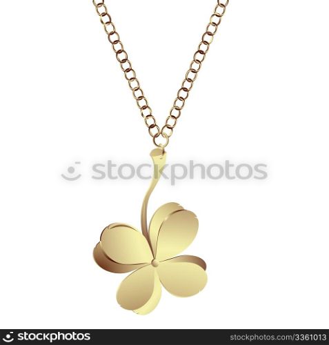 Golden pendant with four leaves clover over a white background