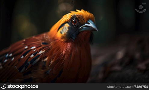 Golden pheasant close up with forest background. Generative AI.. Golden pheasant close up with forest background. Generative AI