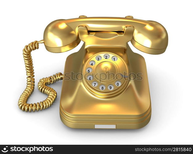 Golden phone on white isolated background. 3d