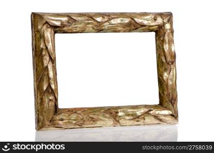Golden photo frame on top of white reflective surface.