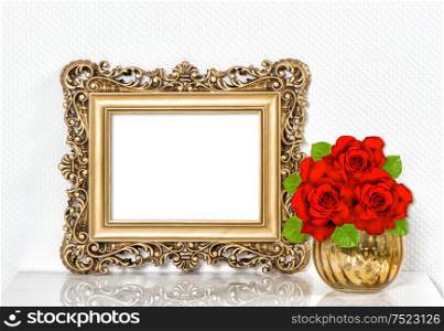 Golden picture frame and red roses flowers. Vintage style decoration with space for your picture or text
