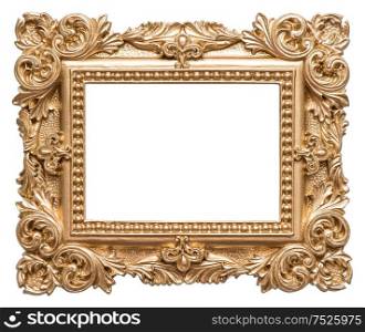 Golden picture frame baroque style. Vintage art object isolated on white background