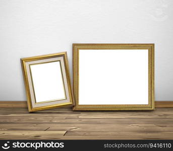 Golden picture frame in room white walls and wooden floors