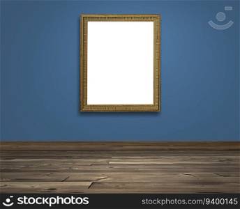 Golden picture frame on Colored wall and brown wooden floor