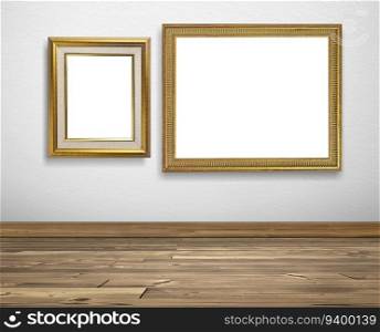 Golden picture frame on white walls and wooden floors