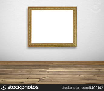 Golden picture frame on white walls and wooden floors