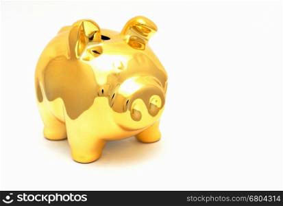 Golden piggy bank placed on a white background.