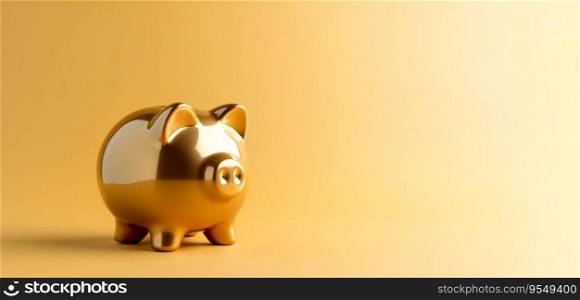 Golden piggy bank representing saving money and investment concept, with&le space for text