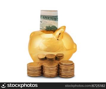 golden piggy bank with coins and banknotes isolated on white background