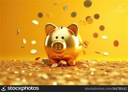 Golden Piggy Bank with Falling Coins. Savings and Investment Concept. Generative AI