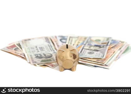 Golden piggy bank with International currencies isolated