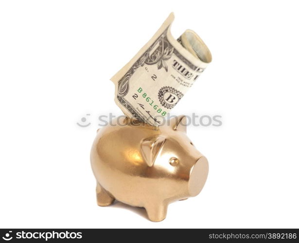 Golden piggy bank with one dollar isolated on white