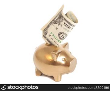 Golden piggy bank with one dollar isolated on white