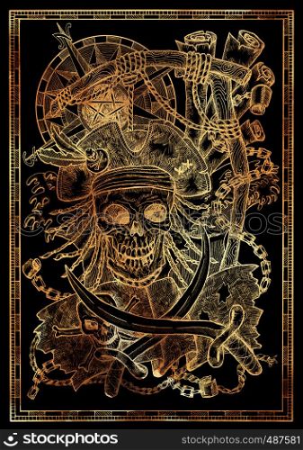 Golden pirate skull with rope for gallows noose, compass, Jolly Roger and sabre on black. Graphic illustration with adventure concept in vintage style, old transportation background