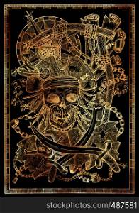 Golden pirate skull with rope for gallows noose, compass, Jolly Roger and sabre on black. Graphic illustration with adventure concept in vintage style, old transportation background