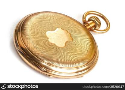 Golden pocket watch. Macro. On the white background with shadow.