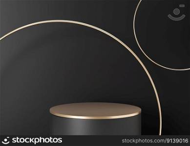 Golden podium for product, cosmetic presentation, on black background. Mock up. Pedestal or platform for beauty products. Empty scene. Copy space. 3D rendering. Golden podium for product, cosmetic presentation, on black background. Mock up. Pedestal or platform for beauty products. Empty scene. Copy space. 3D rendering.