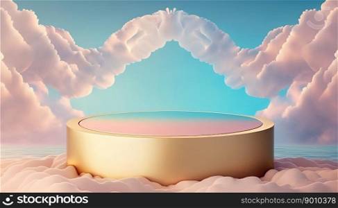 golden podium product advertising stage or scene background platform above sky with clouds around