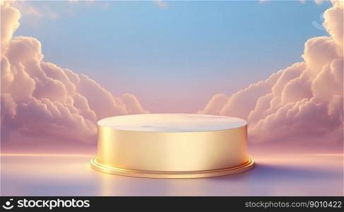 golden podium product advertising stage or scene background platform promotion above sky with clouds around