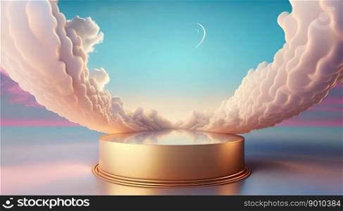 golden podium product advertising stage or scene background platform surrounded by clouds