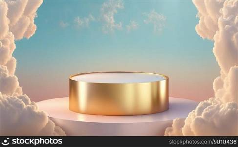 golden podium product advertising stage or stand background platform promotion above sky with clouds around