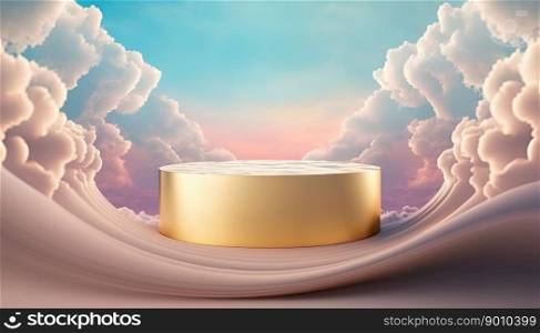 golden podium product advertising stage or stand background platform surrounded by clouds