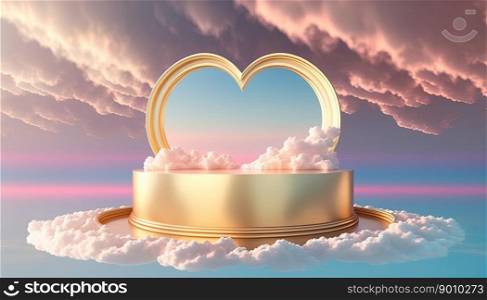 golden podium product display stage background platform or pedestal surrounded by clouds and love heart