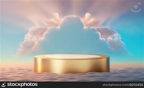 golden podium product display stage background platform promotion above sky with clouds around