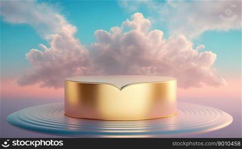 golden podium product display stage background platform promotion with clouds around it
