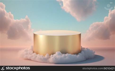 golden podium product display stage or scene background platform promotion above sky with clouds around