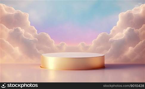golden podium product display stage or scene background platform promotion surrounded by clouds