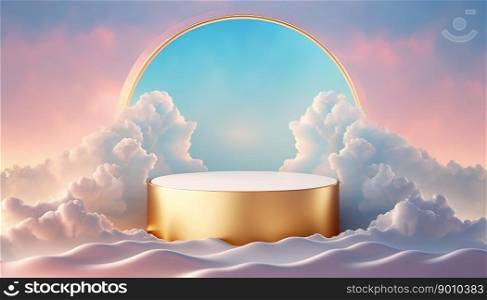 golden podium product display stage or scene background platform surrounded by clouds