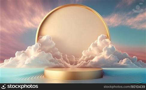 golden podium product display stage or stand background platform promotion with clouds around it