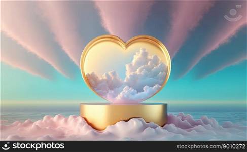 golden podium product showcase stage background platform or pedestal surrounded by clouds and love heart