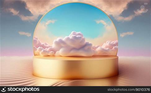 golden podium product showcase stage or scene background platform above sky with clouds around