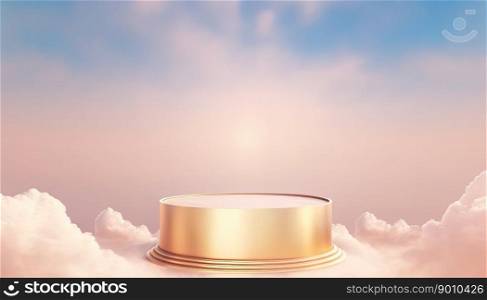 golden podium product showcase stage or scene background platform promotion surrounded by clouds