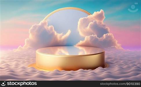 golden podium product showcase stage or stand background platform above sky with clouds around