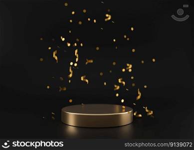 Golden podium with falling confetti on black background. Elegant podium for product, cosmetic presentation. Luxury mockup. Pedestal or platform for beauty products. Empty scene. 3D rendering. Golden podium with falling confetti on black background. Elegant podium for product, cosmetic presentation. Luxury mockup. Pedestal or platform for beauty products. Empty scene. 3D rendering.