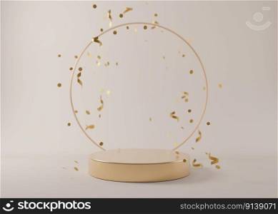 Golden podium with falling confetti on cream background. Elegant podium for product, cosmetic presentation. Luxury mockup. Pedestal or platform for beauty products. Empty scene. 3D rendering. Golden podium with falling confetti on cream background. Elegant podium for product, cosmetic presentation. Luxury mockup. Pedestal or platform for beauty products. Empty scene. 3D rendering.
