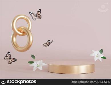 Golden podium with flying flowers and butterflies. Womans Day. Platform, stage for beauty, cosmetic products presentation. Mock up. Display, showcase. 3D rendering. Golden podium with flying flowers and butterflies. Womans Day. Platform, stage for beauty, cosmetic products presentation. Mock up. Display, showcase. 3D rendering.