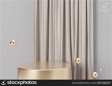 Golden podium with flying spheres and textile on grey background. Elegant podium for product, cosmetic presentation. Luxury mockup. Pedestal or platform for beauty products. Empty scene. 3D rendering. Golden podium with flying spheres and textile on grey background. Elegant podium for product, cosmetic presentation. Luxury mock up. Pedestal or platform for beauty products. Empty scene. 3D rendering