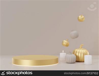Golden podium with Halloween decoration on beige background. Halloween composition. Scene for product, cosmetic presentation. Trendy mock up. Pedestal, platform, stage for beauty product. 3D render. Golden podium with Halloween decoration on beige background. Halloween composition. Scene for product, cosmetic presentation. Trendy mock up. Pedestal, platform, stage for beauty product. 3D rendering