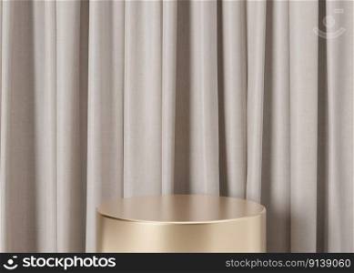 Golden podium with textile. Elegant podium for product, cosmetic presentation. Luxury mock up. Pedestal or platform for beauty products. Empty scene. 3D rendering. Golden podium with textile. Elegant podium for product, cosmetic presentation. Luxury mock up. Pedestal or platform for beauty products. Empty scene. 3D rendering.