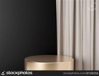 Golden podium with textile on black background. Elegant podium for product, cosmetic presentation. Luxury mock up. Pedestal or platform for beauty products. Empty scene. 3D rendering. Golden podium with textile on black background. Elegant podium for product, cosmetic presentation. Luxury mock up. Pedestal or platform for beauty products. Empty scene. 3D rendering.