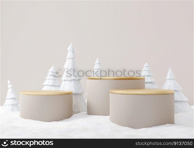 Golden podiums set with snow and fir trees on beige background. Christmas time. Elegant scene for product, cosmetic presentation. Luxury mock up. Pedestal, platform for beauty products. 3D rendering. Golden podiums set with snow and fir trees on beige background. Christmas time. Elegant scene for product, cosmetic presentation. Luxury mock up. Pedestal, platform for beauty products. 3D rendering.
