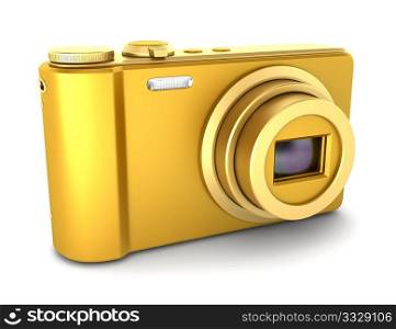 golden point and shoot photo camera isolated on white background
